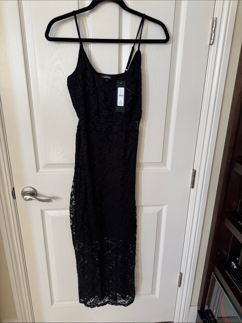 bebe Black Lace Midi Dress with Spaghetti Straps and Sheer Hem